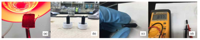 (a) 코팅된 합성 그래핀의 두께 확인, (b) 아연 봉을 통해 합성한 그래핀 이온전리함 외벽, (c) 합성 그래핀의 강도 테스트, (d) 합성 그래핀의 전기전도도 측정