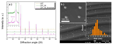 XRD patterns of LST44_Ni and exsolved Ni (111) plane (a) and exsolved Ni metal on the host LSA-T_Ni and population (b). LSA-T_Ni reduced 900 ℃ for 20 h in H2 for exsolution