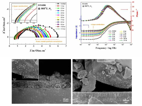 La0.4Sr0.4Ti0.94Ni0.06O3-δ (LST-Ni) 전극을 이용한 LSGM 전해질 지지체 단위 전지에서의 나노 입자 형성 시간에 따른 분극 저항 변화 임피던스 분석, a. Nyquist plot, b. Impedance Borde Plot LSGM 전해질 위 산화물 전극의 구동에 따른 나노입자 형성 미세구조