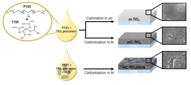 메조기공성 TiO2 표면의 탄소도핑과 UCN입자 도핑 제조 모식도