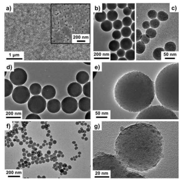 서로 다른 크기의 실리카 입자 및 메조기공성 탄소-TiO2 bead 구조체의 SEM 및 TEM 사진