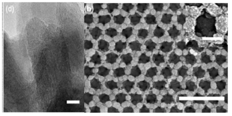후처리 방법을 적용한 TiO2 역전 오팔 구조의 전자 현미경 사진 및 투과전자 현미경 사진