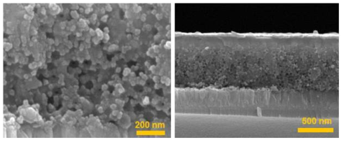 역전 오팔 TiO2 구조체의 상단 전자현미경 사진 (좌) 및 페로브스카이트 태양전지의 단면 전자현미경 사진 (우)