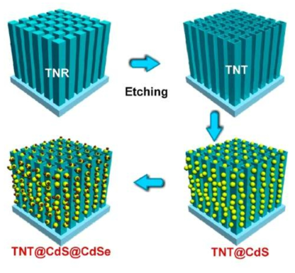 TiO2 나노튜브 구조체를 수열합성법 (Hydrothermal reaction)과 화학에칭법으로 합성하고 전기화학증착법을 통해 CdS@CdSE를 코팅해주는 공정에 대한 도식
