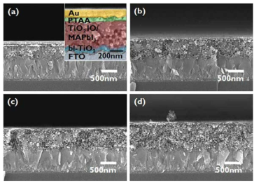 TiO2 역오팔 구조 전자 전도 scaffold을 가진 메조스코픽 MAPbI3 페로브스카이트 태양전지의 두께를 각각 (a) 400 nm (b) 500 nm (c) 600 nm (d) 800 nm로 제어했을 때의 SEM 단면이미지, 삽입된 것은 확대된 SEM 이미지