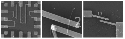 전극 패턴이 되어 있는 기판위에 제작한 나노선을 분산하여 e-beam lithography법을 이용하여 전극을 제작하였다