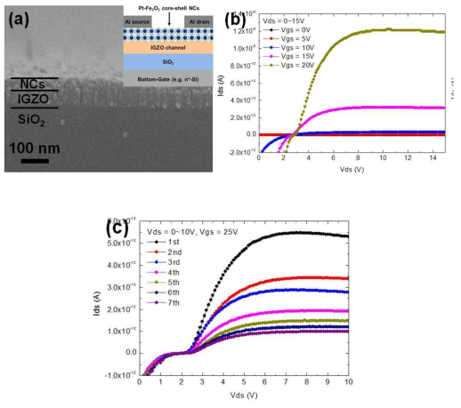 (a) 나노입자층을 삽입한 TFT 구조와 SEM 이미지, (b) 나노입자를 삽입한 TFT의 output 특성곡선, (c) TFT 소자에서 반복측정에 따른 output 특성 곡선