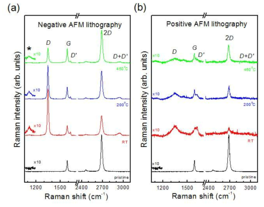 열처리 과정에 의한 양, 음극 리소그래피로 패턴 된 산화와 수소화 된 부분의 라만 스펙트럼