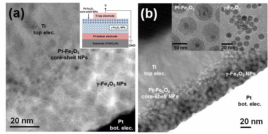 Ti/Pt-Fe2O3/Fe2O3/Pt 구조의 (a) bright field (BF) TEM 이미지와 소자구조 개략도, (b) high angle annular dark field (HAADF) TEM 이미지