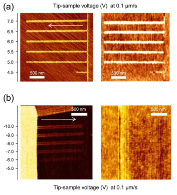 AFM에 의해 양(a), 음극(b) 리소그래피된 산화와 수소화된 영역의 frictional force microscope (왼쪽)과 topographic AFM imaging(오른쪽)