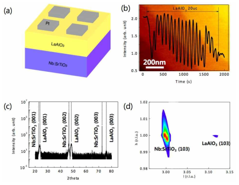 (a) Pt/LaAlO3/Nb:SrTiO3 구조의 모식도 (b) RHEED 모니터링을 통한 LaAlO3 20 유닛 셀의 증착 과정 배경: AFM topography 이미지 (c) 박막의 XRD 2theta 데이터 (d) 박막의 RSM 데이터