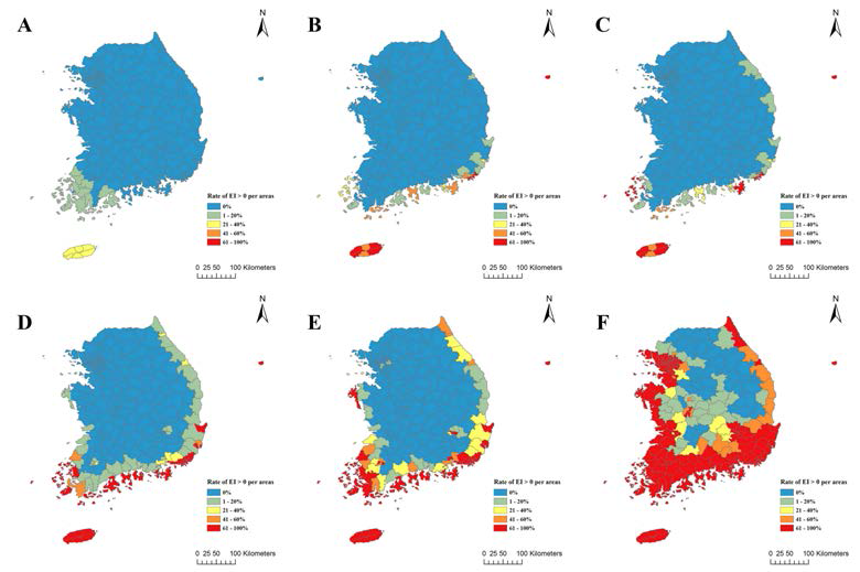 CLIMEX를 이용한 농업 해충(노랑미친개미)의 잠재적 분포 지도. A) 현재 B) 2020, C) 2040, D) 2060, E) 2080, F) 2100
