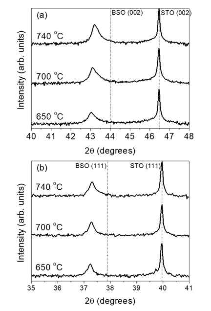 (a) STO(001) 기판과 (b) STO(111) 기판 위에 온도에 따라 제작된 BSO 박막의 XRD 측정 결과