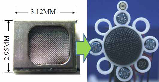 사용된 MEMS 센서의 사진(왼쪽) 및 센서가 장착된 초음파 취득 장치의 사진 (오른쪽)