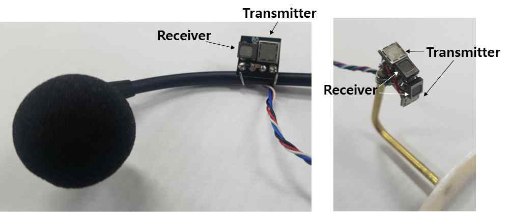 제작된 헤드셋 장착형 센서의 초음파 송신/수신 부 확대 사진