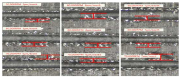 주축회전속도 및 날당이송량에 따른 가공표면상태 및 미세버 크기측정