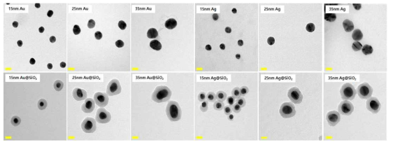합성한 플라즈모닉 나노입자들의 TEM 이미지(각 scale bar: 20 nm)