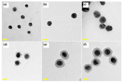 합성한 플라즈모닉 Ag 나노 입자들의 TEM 이미지 (Ag18 (a), Ag25 (b) Ag33 (c), Ag18@SiO2 (d), Ag25@SiO2 (e) and Ag33@SiO2 (f). 각 scale bar: 20 nm)