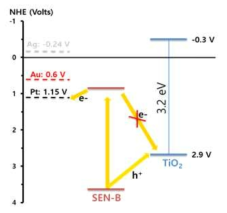 M/sensitizer/TiO2 (M=Au, Ag, Pt) 접합 구조 광촉매에 있어서 전하이동 모식도