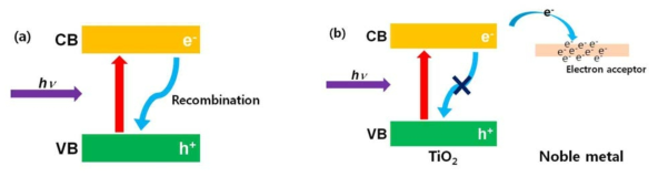 TiO2와 Metal/TiO2 구조의 space-charge separation 모식도