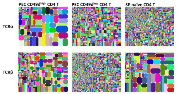 Tree map plots of TCRα and TCRβ repertoire sequencing analysis; CD49d-high CD4+ T cell vs. CD49d-low CD4+ T cell vs splenic naive T cell