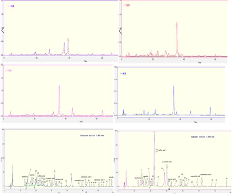 HPLC chromatogram of polyphenols of 75% ethanol extract (위왼쪽부터 오레가노, 타임, 로즈마리, 바질 다래순, 삼나물)