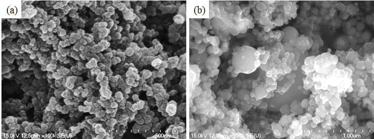 (a) Graphite 분말, (b) Graphite/nEMs 복합체 분말의 FE-SEM 이미지