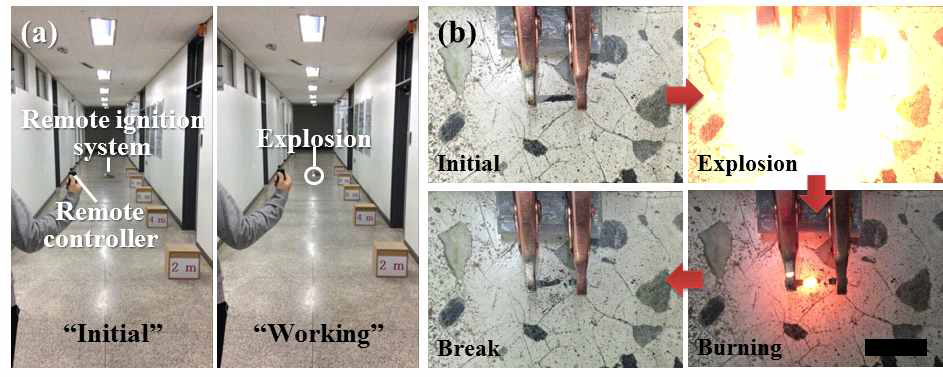 nEMs 소형 점화 시스템 기반 원격 점화 테스트. (a) 무선 제어기 작동을 통한 nEMs 원격 점화 및 폭발 모습, (b) 테스트 중 실시간으로 관찰된 nEMs 집적 APH 거동 디지털 이미지 (scale bar: 10 mm)
