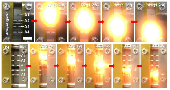 다중 배열 열 점화기의 선택적 nEMs 점화 특성. (a) 히터 라인 4개, (b) 히터 라인 5개 (scale bars: 10 mm)