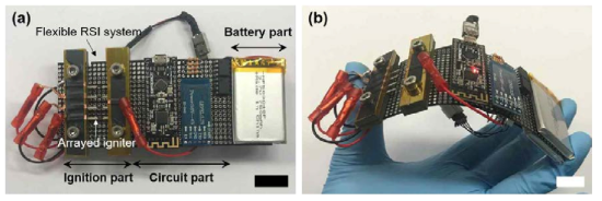 유연 nEMs 선택적 원격 점화 시스템. (a) 초기 및 (b) 굽힌 상태의 유연 시스템 디지털 이미지 (scale bars: 20 mm)
