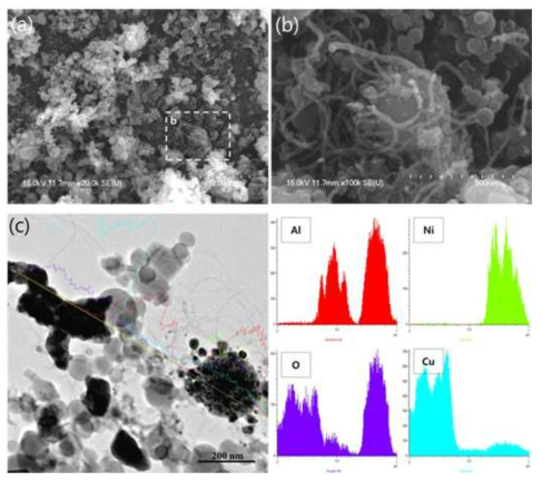 탄소나노튜브/Al 나노입자/CuO 나노입자 복합체 고에너지물질의 (a,b) SEM 및 (c) STEM 분석 및 Elemental Mapping 이미지