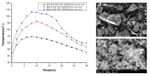 활성산소 유입에 따른 철분말의 산화 반응 온도 및 마이크로, 나노 철 분말 SEM 이미지