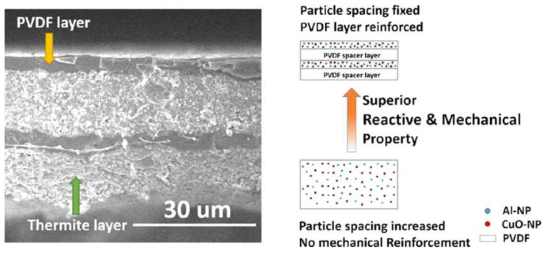 Al 나노입자와 CuO 나노입자를 기반으로 한 고에너지물질이 부착된 PVDF 기반 라미네이트의 SEM 이미지 및 반응성/기계적 특성 향상 메커니즘 개략도
