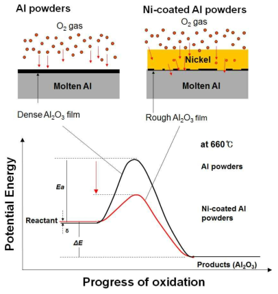 (상) Ni 코팅에 따른 Al 분말 표면 산화거동 비교, (하) 산화정도에 따른 Al과 Ni 부착 분말의 활성화 에너지 비교 개략도