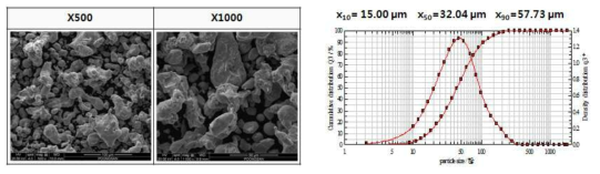 Ni 분말 형상 SEM 이미지 및 입도 분포도