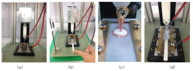 정전기 민감도 Tester 사진 및 정전기 인가에 의한 민감도 측정 순서. (a) 정전기 민감도 Tester, (b) 소재 장입, (c) Tip 간극 조절, (d) 정전기 방전 폭발 후