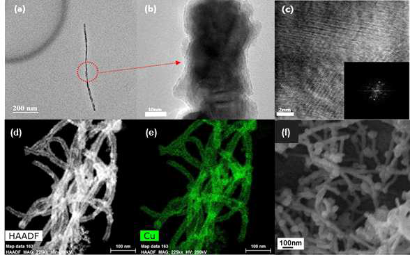 M13/Cu 복합체 나노와이어의 (a) low-resolution and (b), (c) high-resolution TEM 이미지 및 (d),(e) HAADF(high-angle annular dark-field imaging) STEM 이미지, (f) SEM 이미지