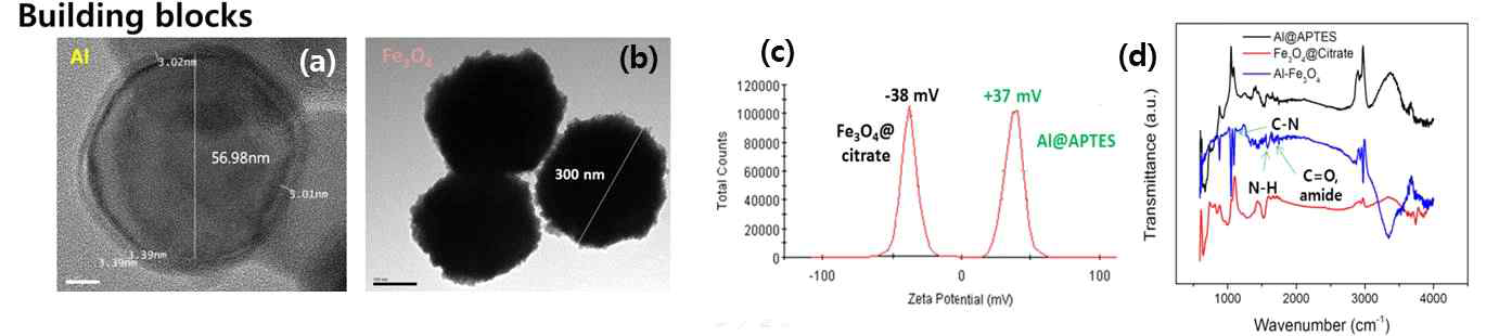 표면 개질된 알루미늄 나노입자와 산화철 나노입자의 (a, b) 투과전자현미경사진, (c) 제타포텐셜(zeta potential), (d) FT-IR 스펙트럼 측정 결과 그래프