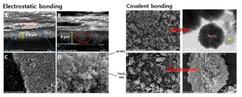 정전기적 인력과 공유 결합을 이용한 어셈블리 후 패킹한 Al/Fe3O4 복합체 입자의 전자현미경 사진