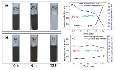APTES로 코팅된 알루미늄 나노입자(a),(c)와 GA로 이중코팅된 알루미늄 나노입자 (b),(d)의 수용액상에서의 안정성을 보여주는 사진(좌)과 DLS 데이터(우)
