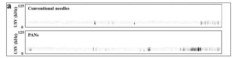 쥐에서 thick needle에 의한 통증유발 시 22 kHz 음성 발성 증가 확인 (본 연구팀 결과, 김희영 외, Scientific reports, 2016)