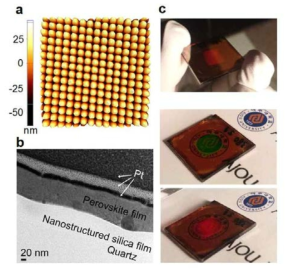 a.2차원 나노구조 silica 박막의 AFM 측정 결과, b.페로브스카이트 레이저 소자의 단면 TEM 측정 결과, c.페로브스카이트 레이저의 각도에 따른 회절 반사색 측정 사진들