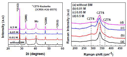 성장된 CZTS의 XRD와 라만 스펙트럼
