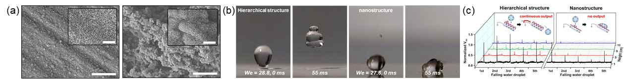 (a)계층구조와 나노구조 표면이미지, (b) 각 표면에 대한 물방울의 충돌 전·후 초고속 카메라 이미지, (c) 각 표면에서의 전압 발생량