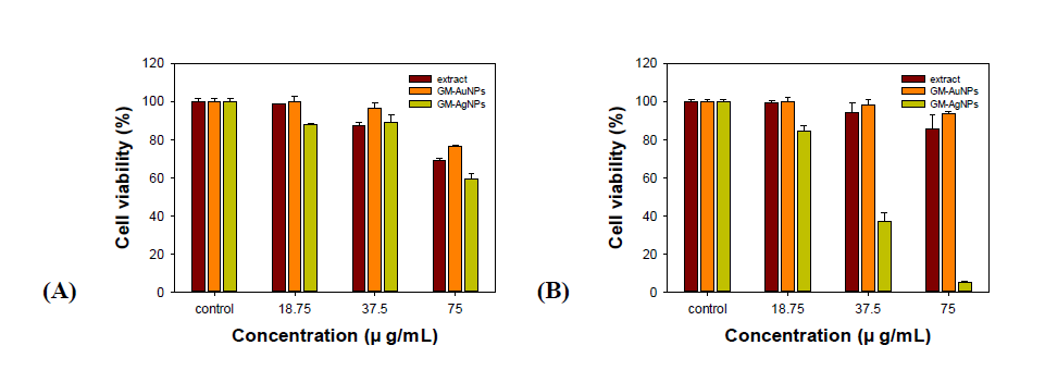 In vitro cytotoxicity of (A) A549 cells and (B) NIH3T3 cells treated with the extract, GM-AuNPs and GM-AgNPs. The concentration was expressed as the extract concentration