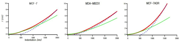 The representative force-distance curves obtained from AFM-indentation experiments. The experimental data (red lines) were well fitted by the Hertz model considering the asymptotic behavior. While the green lines were used to determine the elastic moduli of the cell cortex, the dashed blue lines represents the mechanical behavior of the cell body