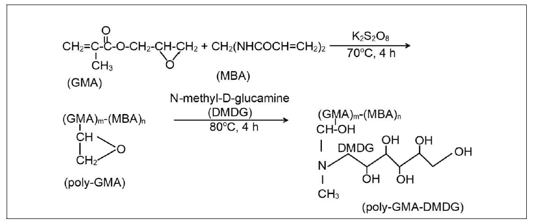 Preparation and chemical structure of glucamine-functionalized poly-GMA adsorbent