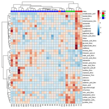 Heat-map analysis of metabolites in radish leaves of 30 lines. (0: The group of the highest content of glucosinolate on 30 lines, 2: The group of the middle content of glucosinolate on 30 lines, 1: The group of the lowest content of glucosinolate on 30 lines)
