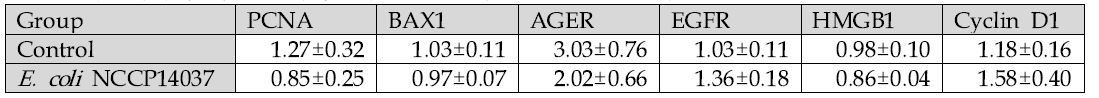 대장에서의 세포 증식 및 자살 관련 지표 mRNA 발현량 Mean±S.E