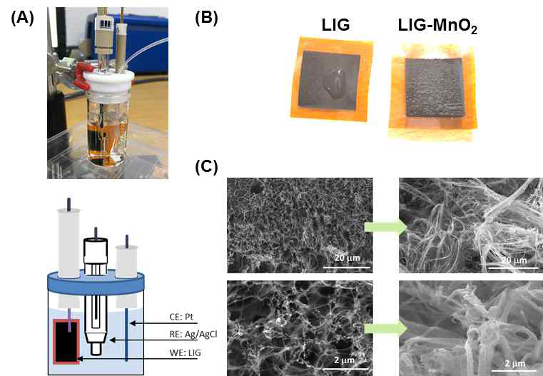 (A) 3전극 전기전착(electrodeposition)셀의 탈기(deaeration) 과정 사진 및 구성도; (B) 일반적인 레이저유도폴리머탄화 전극(LIG)과 이산화망간이 전착된 LIG (LIG-MnO2)의 수용액 젖음(wetting) 비교 사진; (C) LIG (좌)와 LIG-MnO2 (우)의 SEM 이미지